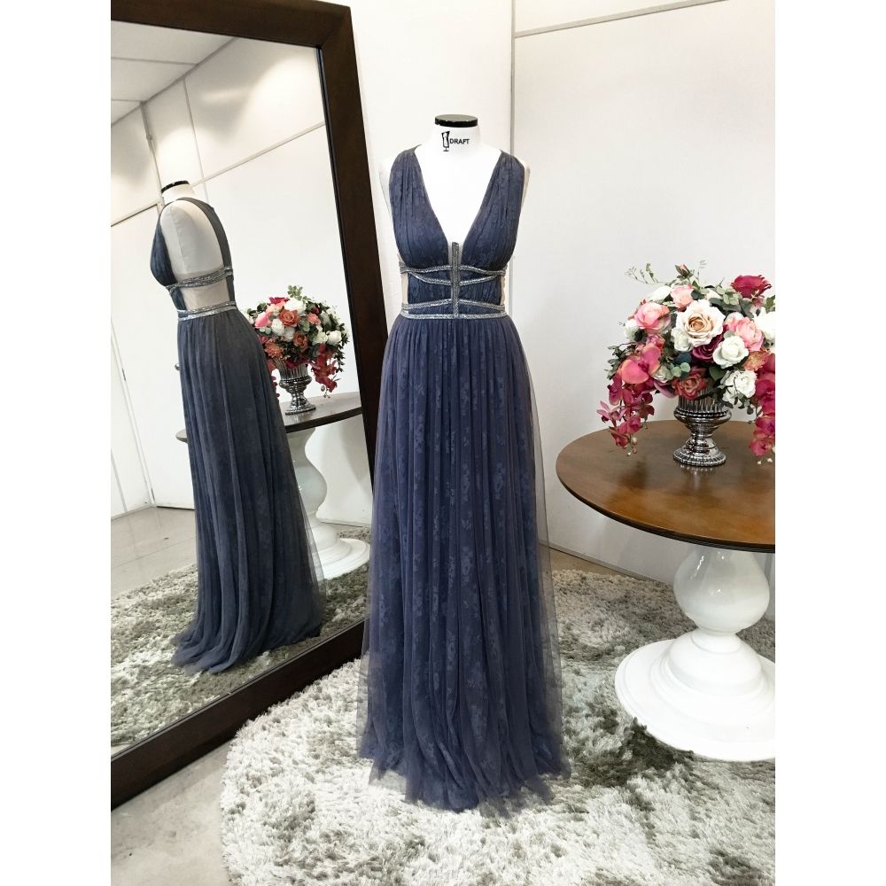 Vestido longo de festa M-5077 Cinza