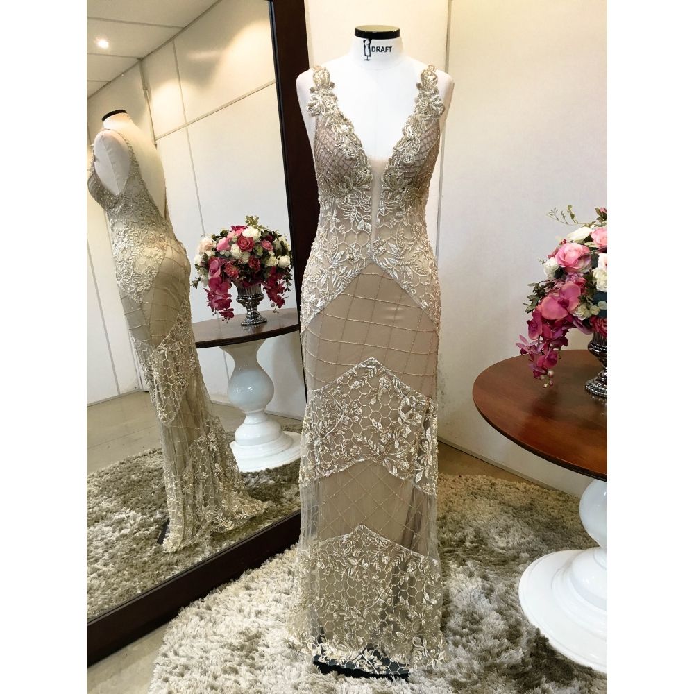 Vestido longo de festa M-0719 Dourado