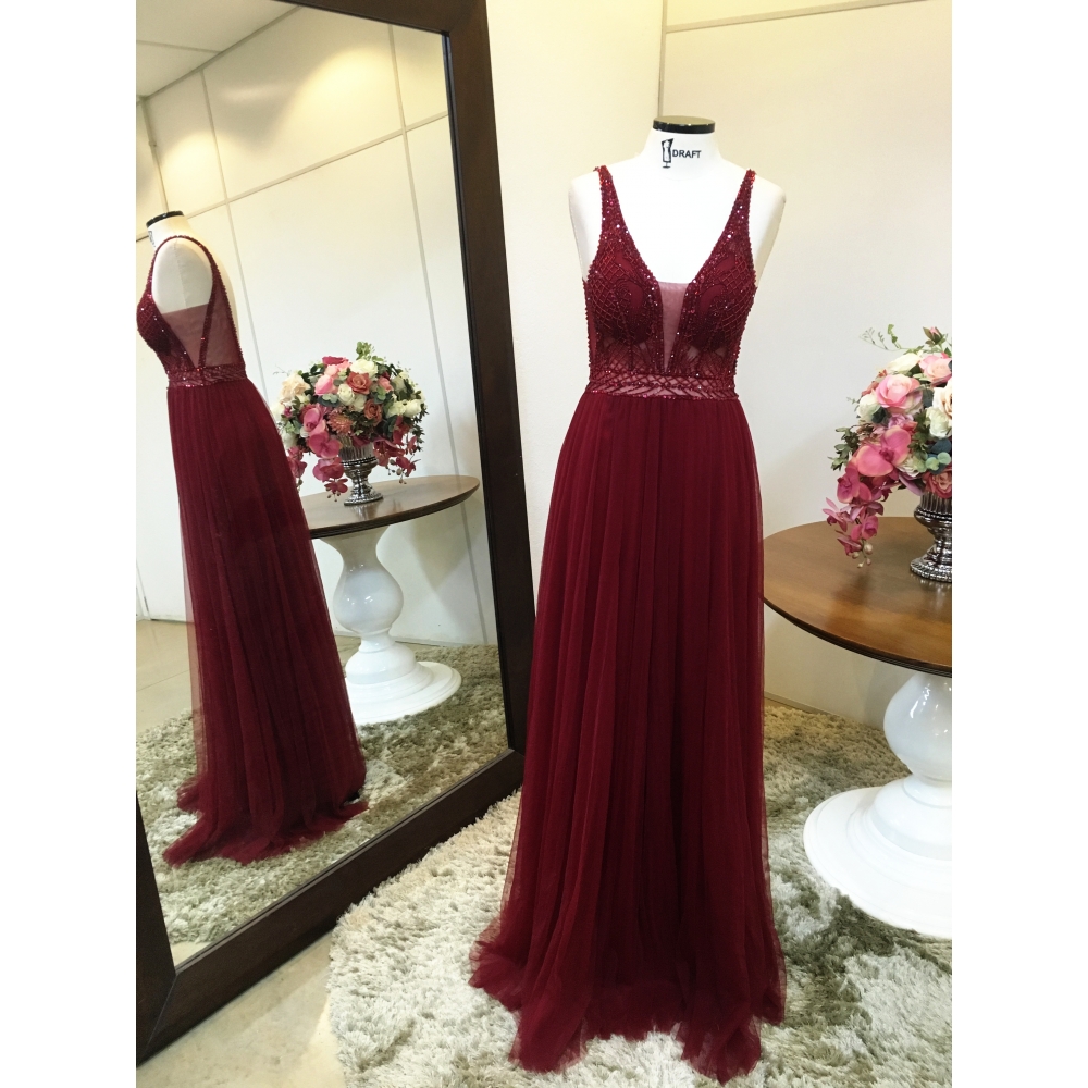 Vestido longo de festa M-0682 Marsala