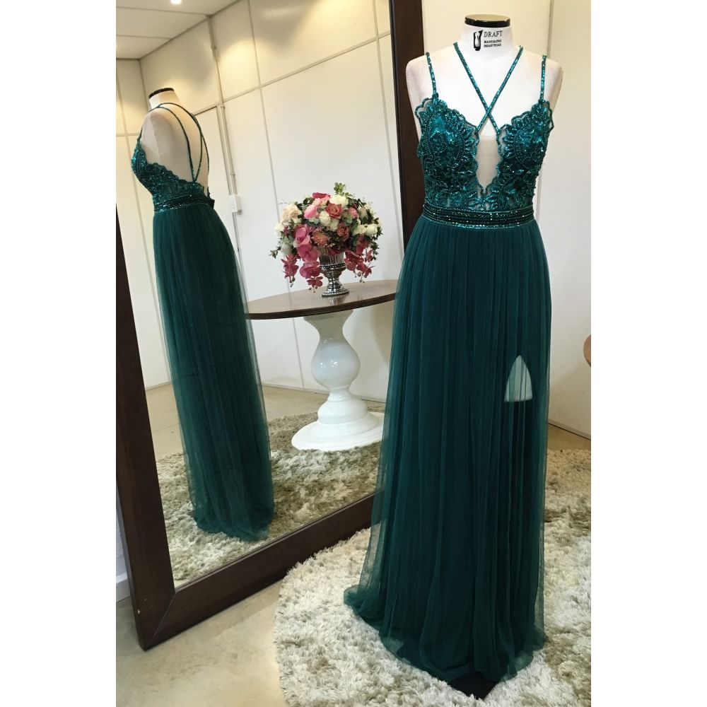 Vestido longo de festa M-1004C Verde Medicina