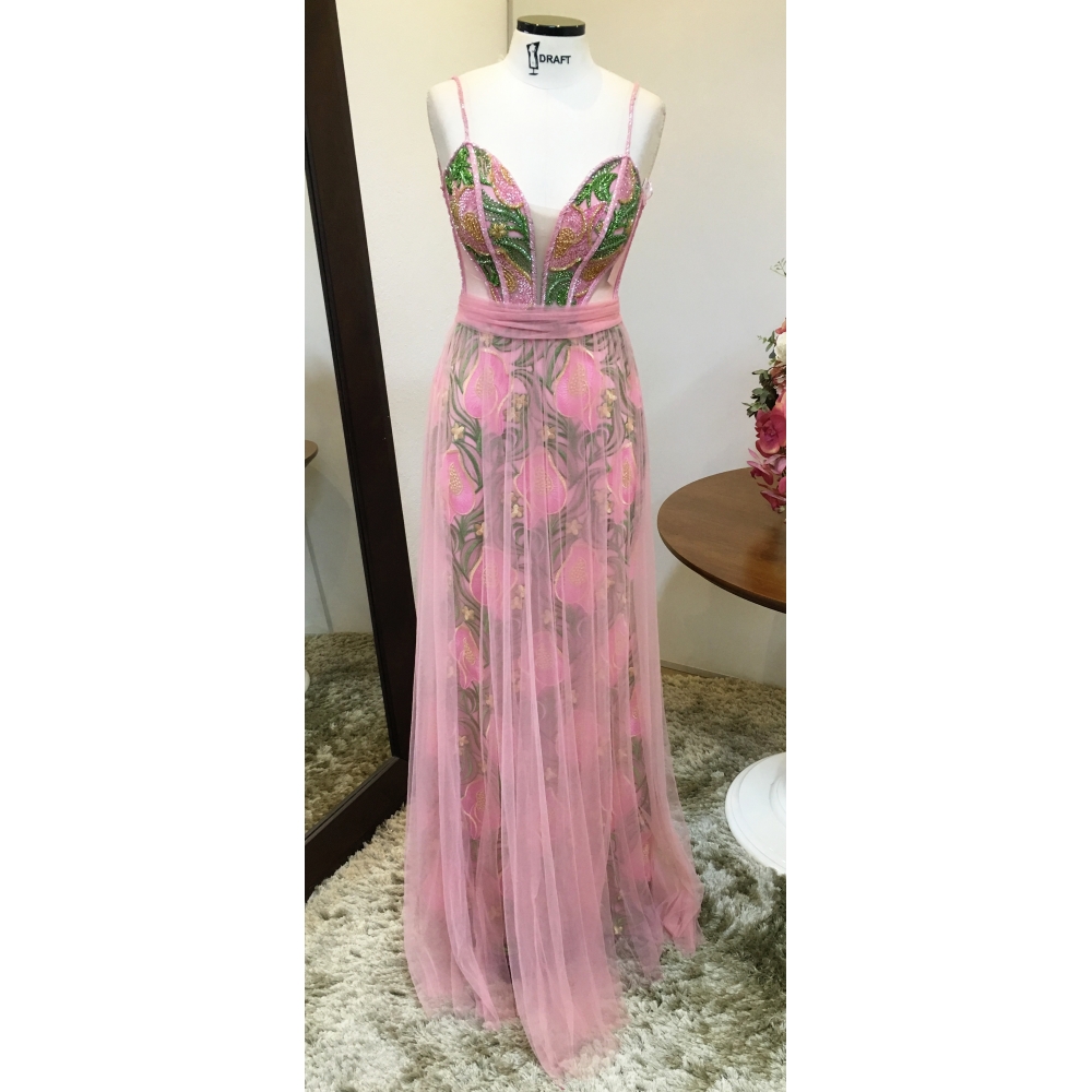 Vestido longo de festa M-6058 Rosé + estampa