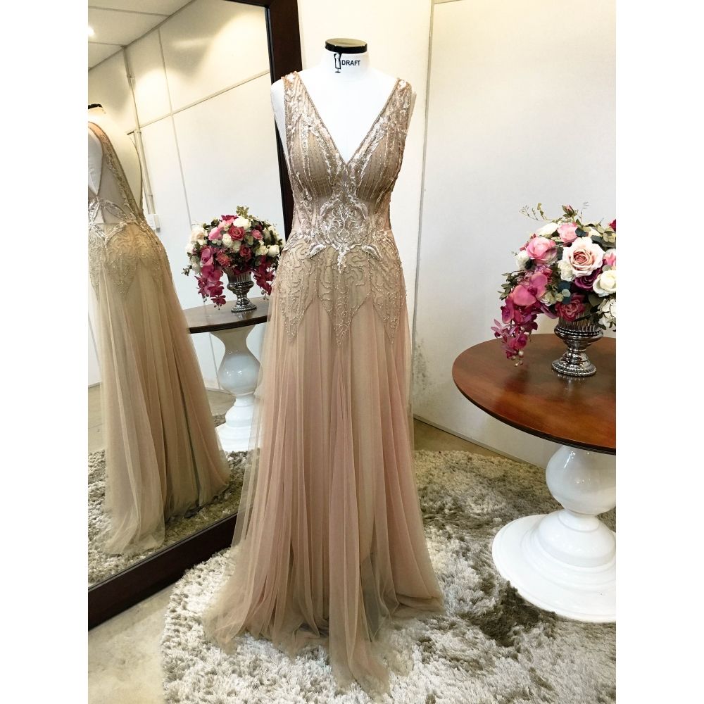 Vestido longo de festa M-6038 Dourado/nude